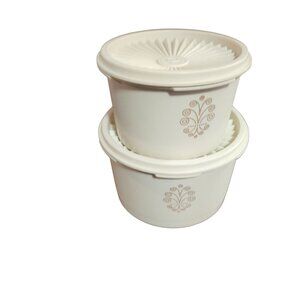 Vintage Tupperware Round Storage Containers With Lids White Embossed Floral Desi